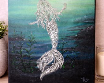 Mermaid Wall Art Original Mermaid Painting On Canvas Rhinestone Glitter Mermaid Canvas Art Ocean Wall Decor Handmade Mermaid Gift For Her
