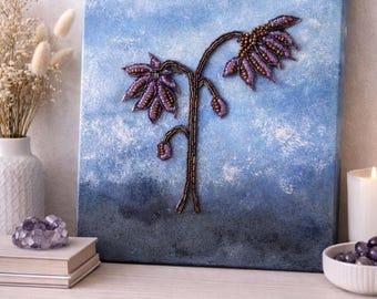 Handmade Beaded Wall Art Bead Embroidery Canvas Botanical Purple Floral Handcrafted Original Art Unique Boho Home Decor One Of A Kind Gift