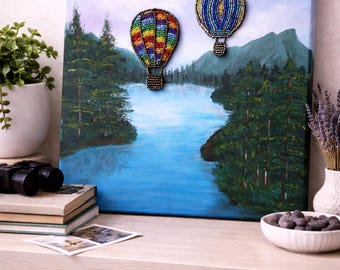 Hot Air Balloon Wall Art Original Landscape Painting Mixed Media Canvas Art Handmade Beaded Nature Wall Decor Adventure Gift For Her