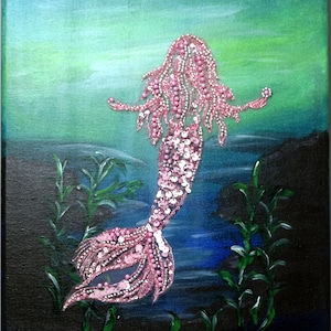 Handmade Mermaid Art: Sparkle Acrylic Painting on Canvas (11.0&quot; x 14.0&quot;)