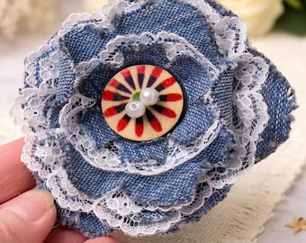 Handmade Denim Flower Brooch Upcycled Fabric Brooch Vintage Shabby Chic Lace Corsage Pin Statement Brooch Gift For Her For Women