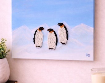 Penguin Lover Gift Beaded Canvas Wall Art Emperor Penguin Painting Unique Handmade Penguin Home Decor Original Wildlife Art Gift For Her