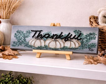 Thankful Fall Wall Art Original Hand Painted Canvas Farmhouse Thanksgiving Decor White Pumpkin Painting Autumn Home Decor Gift