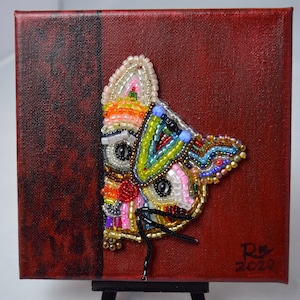 Sneaky Cat Beaded Art Canvas, Original Embroidery Art, Bestseller 6&quot;x 6&quot;, Cat Lover Gift, Fun Cat Artwork Beaded Embroidery Canvas