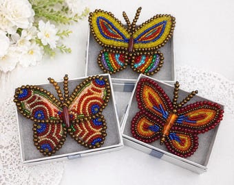 Handmade Beaded Butterfly Brooch Pin Gift For Her Colorful Seed Bead Butterfly Brooch Artisan Boho Butterfly Pin Gift Box Jewelry For Women