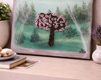 Cherry Blossom Tree Painting Original Sakura Canvas Wall Art Textured Mixed Media Handmade Pink Spring Nature Landscape Home Decor Gift