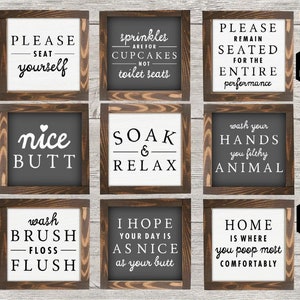 Set of 4 Bathroom Mini Collection Sign. Farmhouse Bathroom, Bathroom Shelf Decor, Funny Bathroom Sign, Framed Mini Sign, Bathroom Mini Sign