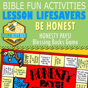 May include: A red and yellow game board with the words "Honesty Pays!" in black. The board is designed for children to learn about honesty and includes spaces for players to earn "Blessing Bucks".