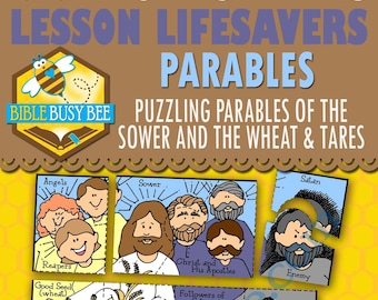May include: A colorful puzzle activity for kids featuring the Parable of the Sower. The puzzle pieces include images of Jesus, angels, wheat, tares, and other elements from the story. The puzzle is titled "Puzzling Parables of the Sower and the Wheat & Tares".