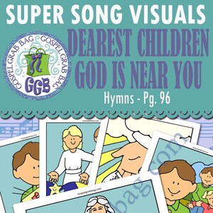 Puede incluir: Un conjunto de 24 imágenes imprimibles para el himno "Dearest Children, God is Near You". Las imágenes presentan ilustraciones de niños, ángeles y Dios. Las imágenes están en color y en blanco y negro. El texto "Gospelgrabbag.com" está incluido en la imagen.