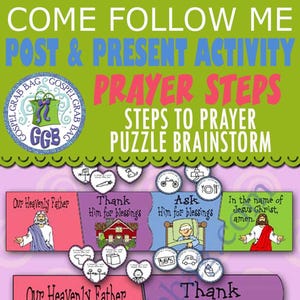 May include: A colorful printable activity for teaching children about prayer. The activity includes four steps: Our Heavenly Father, Thank Him for Blessings, Ask Him for Blessings, and In the name of Jesus Christ, Amen. The activity is great for primary lessons, family home evening, daily devotionals, and activity days.