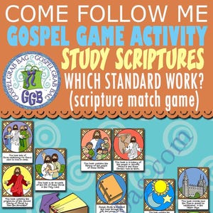Pode incluir: Uma atividade de jogo imprimível colorida para uso no ensino fundamental e em casa. O jogo apresenta um jogo de correspondência de escrituras com ilustrações da Bíblia, o Livro de Mórmon, Doutrina e Convênios, e a Pérola de Grande Valor. O jogo foi projetado para ajudar as crianças a aprender sobre as escrituras.