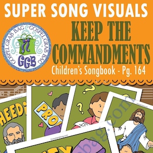 Pode incluir: Um conjunto de 20 visuais imprimíveis para a canção "Keep the Commandments" do Hinário Infantil. Os visuais apresentam ilustrações de crianças e adultos, com palavras como "Segurança", "Paz", "Atenção" e "Pro".