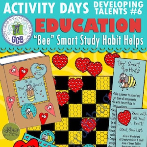 Activity Days Developing Talents Goal 6 - Invitation & Activity: &quot;Bee&quot; Smart Study Habit Helps - book cover, checkers, bookmark, PRINTABLES