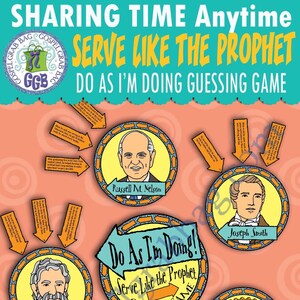 Może przedstawiać: Kolorowa, drukowana gra do wspólnego czasu, z portretami proroków i tekstem "Rób jak ja! Służ jak prorok Gra w zgadywanie".