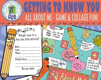 May include: A colorful printable activity sheet titled "Getting to Know You." The design includes cartoon pencils, carrots, ice cream, and text boxes for writing. The sheet is designed for fun activities and collage.