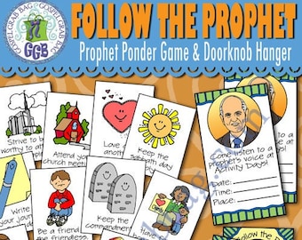 May include: A printable set of activity cards for children featuring colorful illustrations and the phrase "Follow the Prophet". The cards include a door hanger, a prophet guessing game, and an invitation. The set is designed for primary sharing time, family home evening, and young women/young men activities.