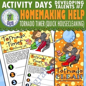 Activity Days Developing Talents Goal 7 - Invitation & Activity: Tornado Timer Quick Housekeeping and Tornado Clean door hanger, PRINTABLES