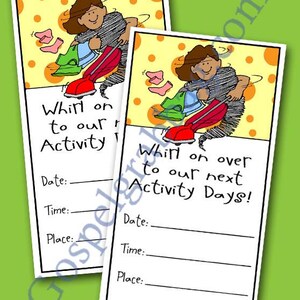 May include: Two printable cards with a cartoon illustration of a person holding a vacuum cleaner. The text on the cards reads "Whirl on to our next Activity Days!" and "Whirl on to our Activity". There are blank lines for the date, time, and place.