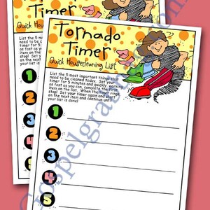 May include: A printable checklist with a cartoon illustration of a woman holding a vacuum cleaner. The checklist is titled "Tornado Timer" and includes a list of five items to be cleaned in five minutes. The checklist is designed to help people clean their homes quickly and efficiently.