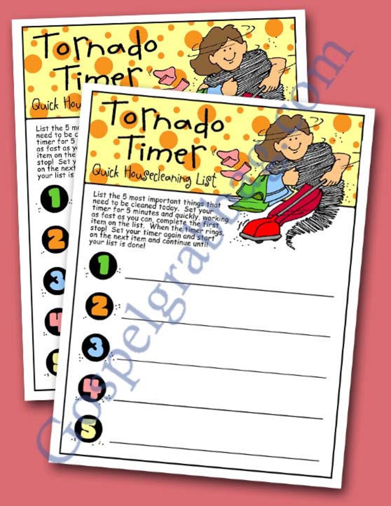May include: A printable checklist with a cartoon illustration of a woman holding a vacuum cleaner. The checklist is titled "Tornado Timer" and includes a list of five items to be cleaned in five minutes. The checklist is designed to help people clean their homes quickly and efficiently.