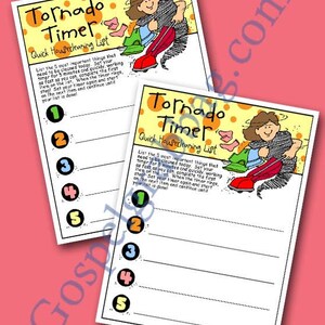 May include: A printable checklist with a cartoon illustration of a woman holding a vacuum cleaner. The checklist is titled "Tornado Timer" and has a list of five items to be completed in five minutes.