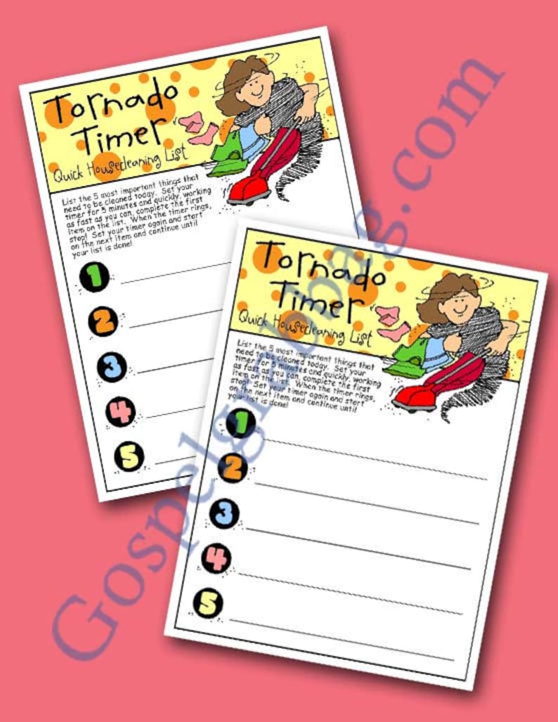 May include: A printable checklist with a cartoon illustration of a woman holding a vacuum cleaner. The checklist is titled "Tornado Timer" and has a list of five items to be completed in five minutes.