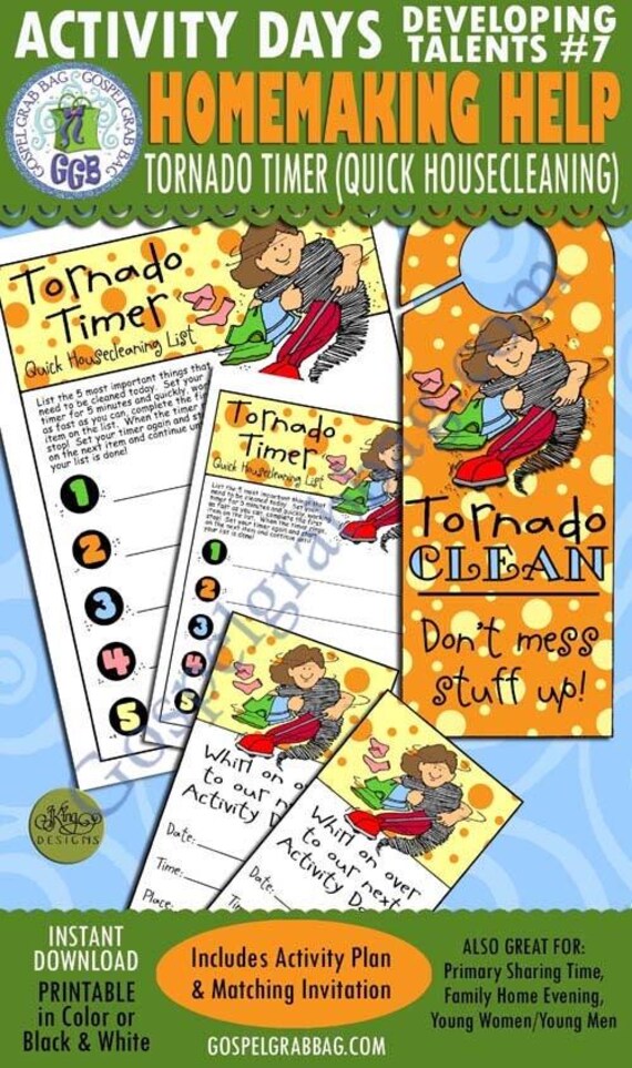 Activity Days Developing Talents Goal 7 - Invitation & Activity: Tornado Timer Quick Housekeeping and Tornado Clean door hanger, PRINTABLES