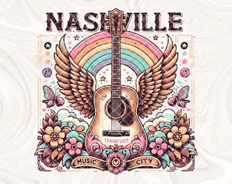 May include: A colorful illustration of a guitar with wings, a rainbow, and flowers. The text "Nashville" is at the top of the image, and the text "Tennessee Music City" is at the bottom.