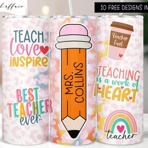 Teacher Tumbler 20oz Skinny Tumbler Sublimation Wrap, Ajoutez votre nom personnalisé Teacher Pencil Tumbler PNG File, Teacher Appréciation Tumbler PNG