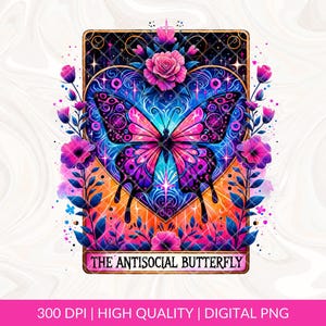 Carta de Tarô Borboleta Antissocial PNG, Design Engraçado de Sublimação, Camiseta Popular de Bruxa Introvertida com Ansiedade Neurodivergente PNG Download, DTF