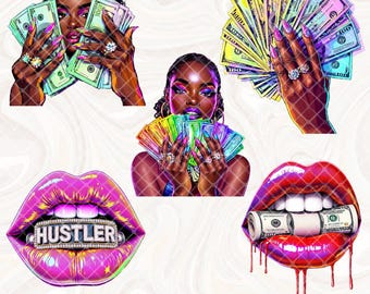 Money PNG Bundle, Hustler Hands With Money Stack Clipart, Black Girl Boss Babe Quotes, Hustle Queen Sublimation, Money Stickers Manicure PNG