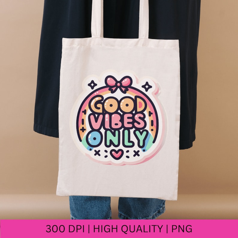 May include: White tote bag with a rainbow and the text "Good Vibes Only" in a pink, blue, and yellow color scheme. The text is surrounded by stars and a pink bow.