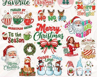 Paquete navideño retro PNG, Feliz Navidad PNG, Navidad femenina PNG, Gato navideño PNG, Papá Noel PNG, Sublimación de camisetas de moda PNG