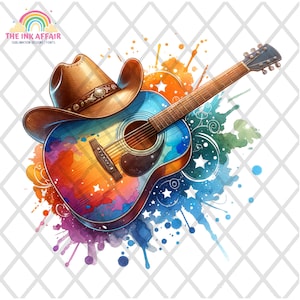 May include: A colorful watercolor illustration of a guitar and a cowboy hat. The guitar is painted in shades of blue, green, orange, and yellow. The cowboy hat is brown and has a white band. The background is a white grid.