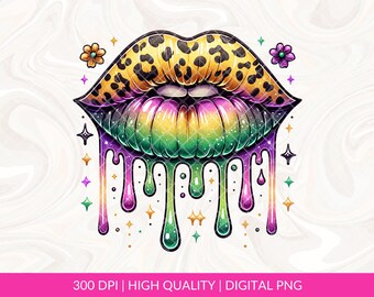 May include: A digital illustration of a pair of lips with a leopard print design. The lips are dripping with purple, green and gold paint. The background is a white marble pattern.