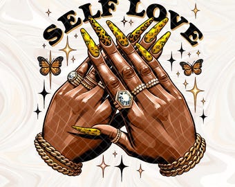 Black Woman Self Love Nails PNG Sublimation Design Download, Self Love png, Yellow And Black Nails Png, Afro woman hands png, sublimate PNG