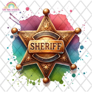 Western Cowboy Clipart Sheriff Badge, Watercolour Western PNGs, Country Boots Saddle Rustic Design, Texas Horse Ranch Cowboy PNG Format