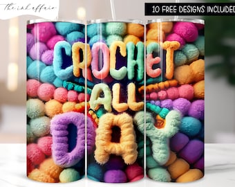 Pode incluir: Um copo colorido com as palavras "CROCHET ALL DAY" em uma fonte 3D texturizada. O fundo é uma mistura vibrante de bolas de fio rosa, azul, amarelo e roxo. O canto superior direito tem o texto "10 FREE DESIGNS INCLUDED".