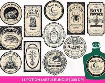 Potion Labels PNG Bundle, Mystic Potion Labels Sublimation, Apothecary Halloween Potion Labels, Magic Potion, Vintage Potion Bottle Labels