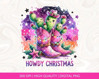 Howdy Christmas PNG, Christmas Season Png, Cute Cactus Western Christmas PNG, Retro Christmas Shirt PNG, Cowboy Boots Christmas Lights png