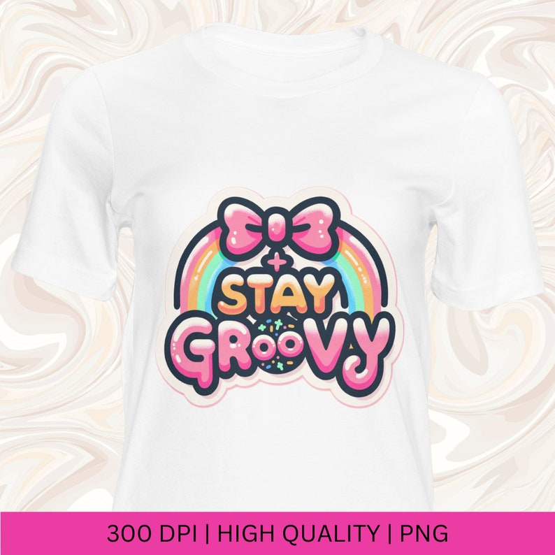 May include: White t-shirt with a pink bow and rainbow graphic that says "Stay Groovy".