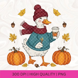 Puede incluir: Ilustración de un pato blanco con gorro, bufanda y suéter turquesa, sosteniendo una taza de café con diseño de calabaza. La imagen incluye calabazas naranjas, hojas amarillas y bellotas. Texto: "300 DPI | ALTA CALIDAD | PNG".