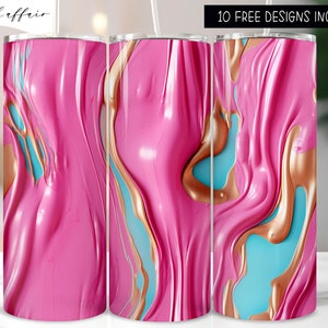 3D Abstract Pink and Teal Paint Drip 20 oz Skinny Tumbler Wrap Sublimation Design, Thick Gold Acrylic Paint Digital Instant Download PNG
