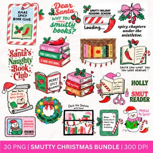 May include: A set of Christmas-themed digital graphics featuring books, chilli peppers, Santa hats, and text. Phrases include "Smutty Christmas Bundle" and "Santa's Naughty Book Club". The designs are festive and playful.