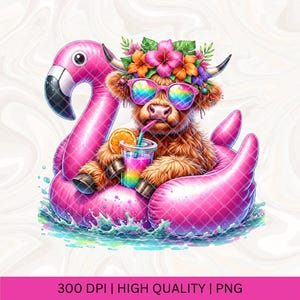 May include: A Highland cow wearing rainbow sunglasses and a flower crown floats in a pink flamingo pool float. The cow is holding a colorful drink with a straw.