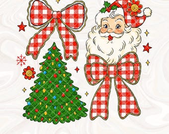 Santa Coquette Christmas Png, Plaid Christmas Bow Png, Floral Preppy Christmas Tree Png, Merry Christmas Girly Png, Vintage Santa Png Design