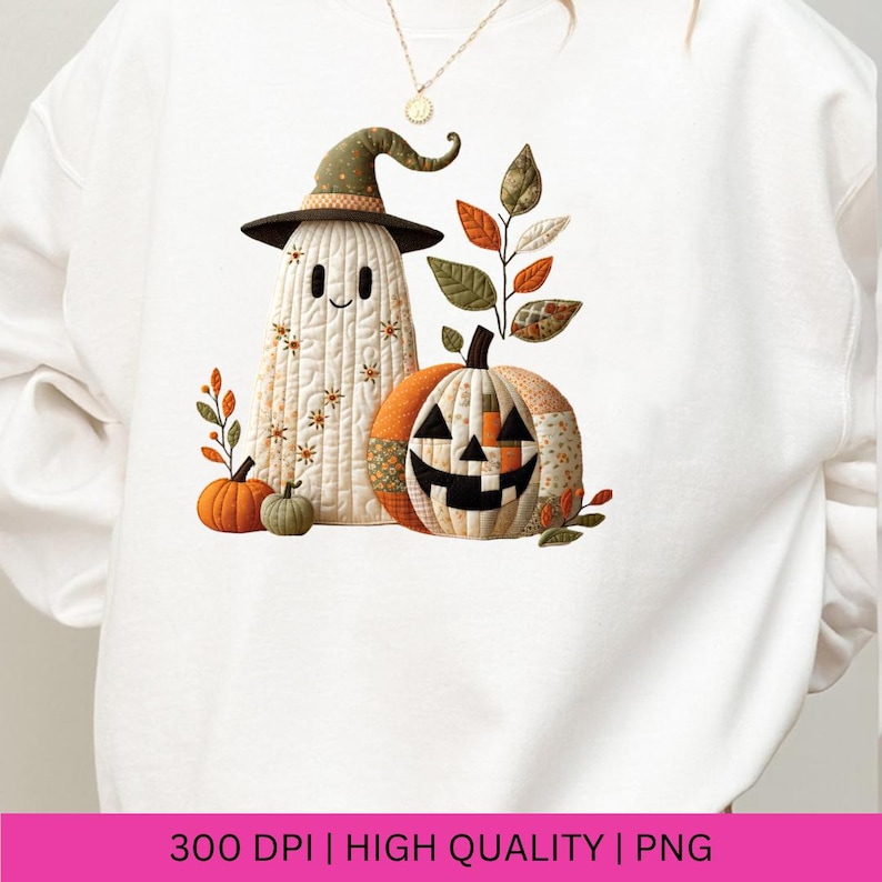 May include: White sweatshirt featuring a Halloween-themed design. The graphic includes a ghost wearing a witch hat, a jack-o'-lantern, and autumn leaves. The text at the bottom reads "300 DPI | HIGH QUALITY | PNG".