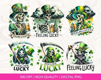 Szkielet Grim Reaper Dzień Świętego Patryka PNG Sublimacja Pakiet, Skeleton Leprechaun Sublimacja Png, Czując Szczęście Png, Koszulka Świętego Patryka Png