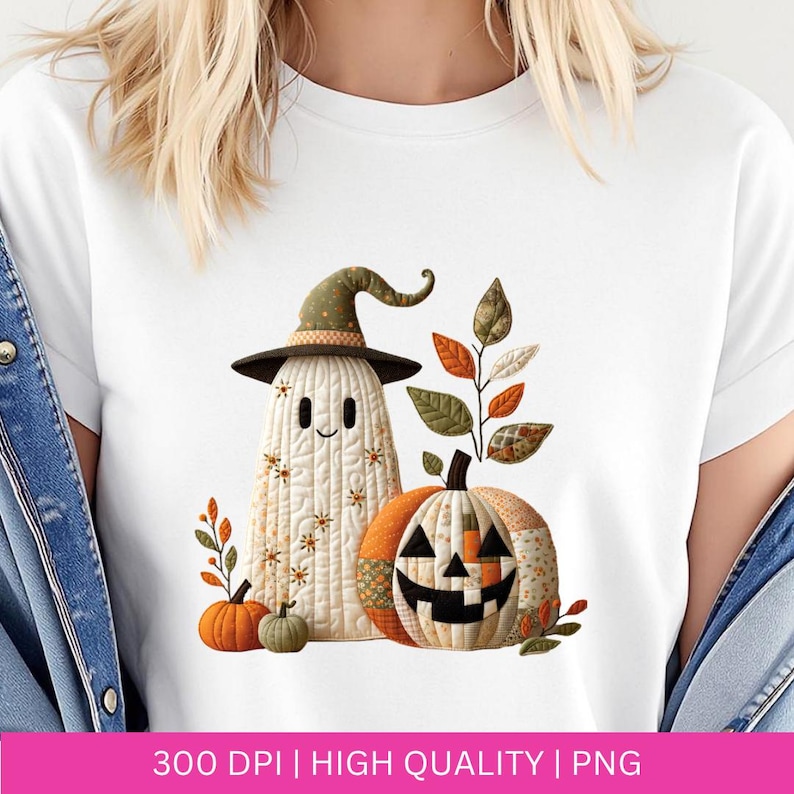 May include: White t-shirt featuring a Halloween-themed design. The design includes a friendly ghost wearing a witch hat, a jack-o'-lantern, and autumn leaves. The image also includes the text "300 DPI | HIGH QUALITY | PNG".